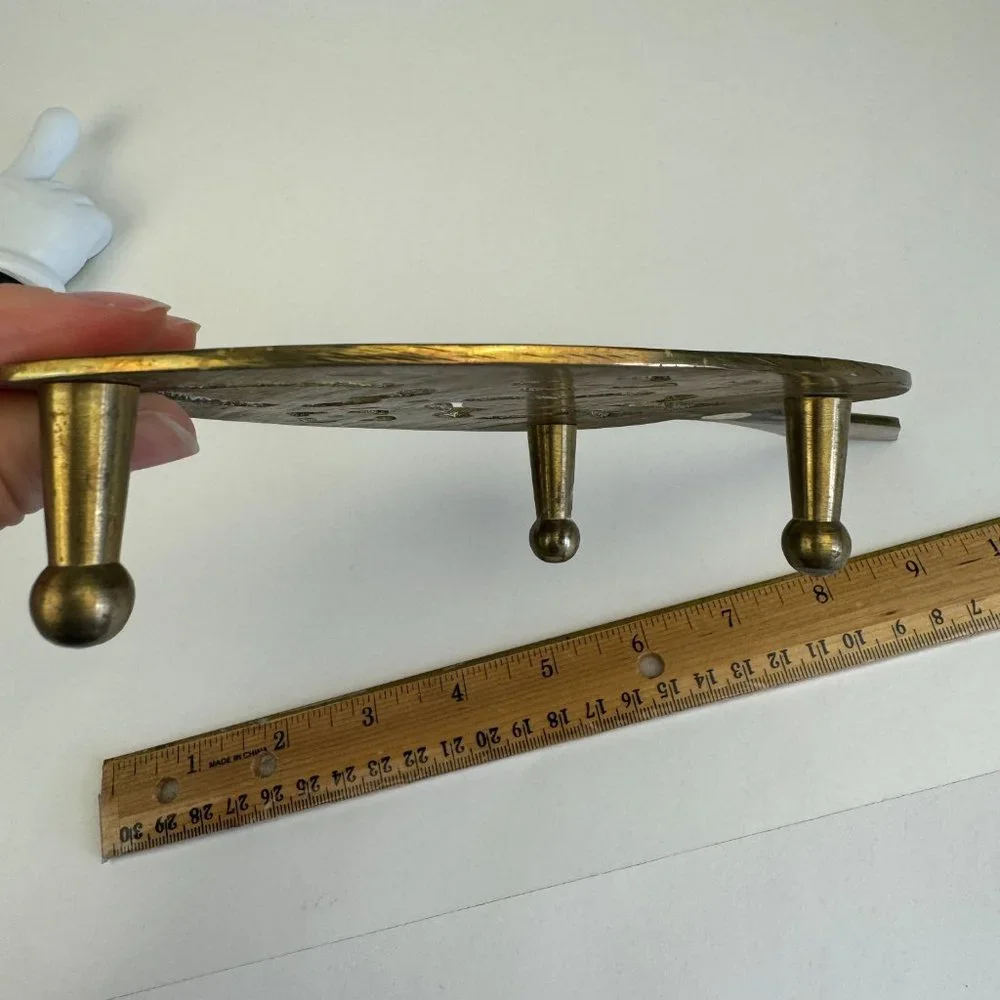 Vtg Gold Plated Colored Footed Trivet Spade Shape w Clover‎ Made in Hong Kong